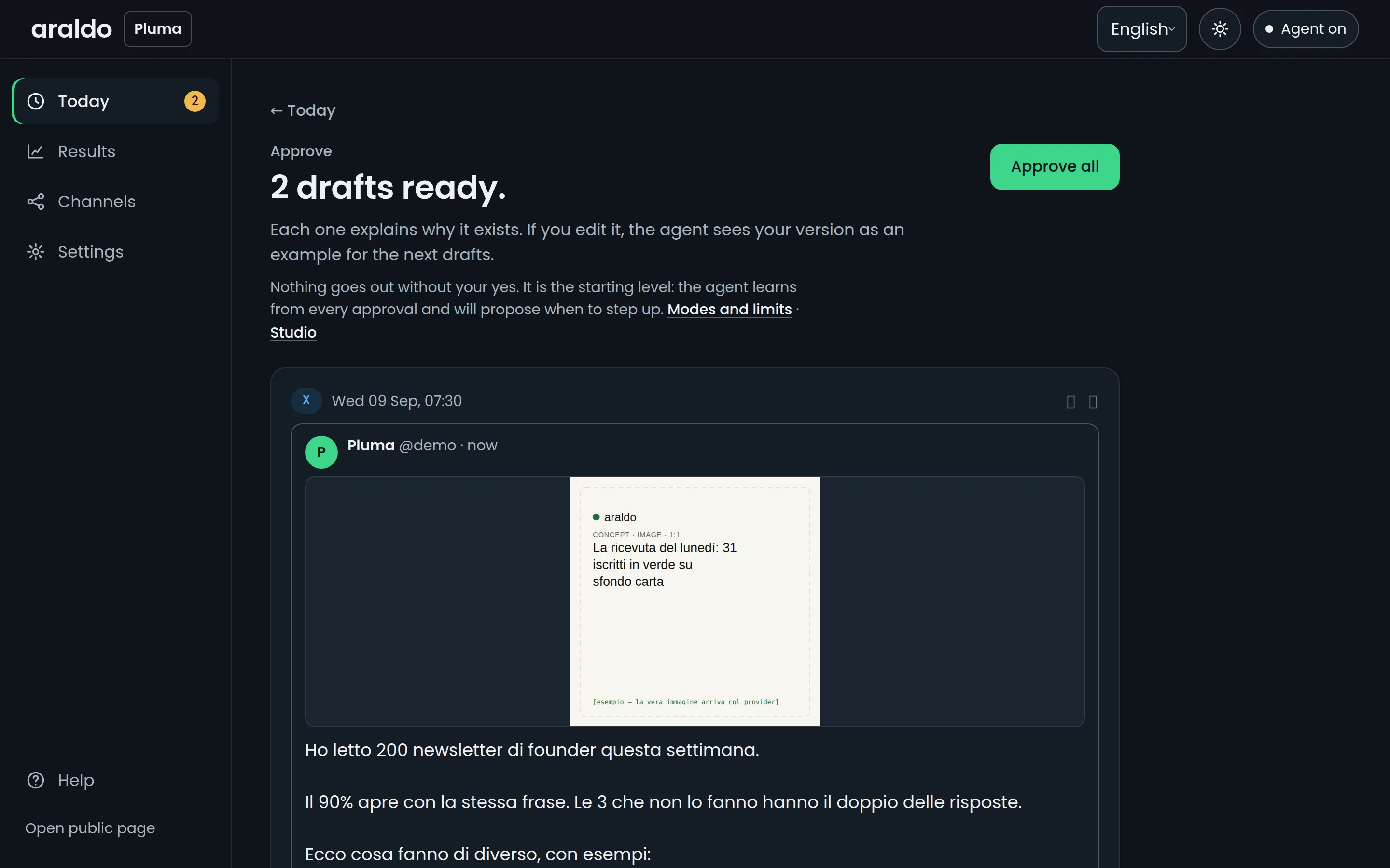 The Today screen: a post waiting for approval, with Approve and Edit buttons