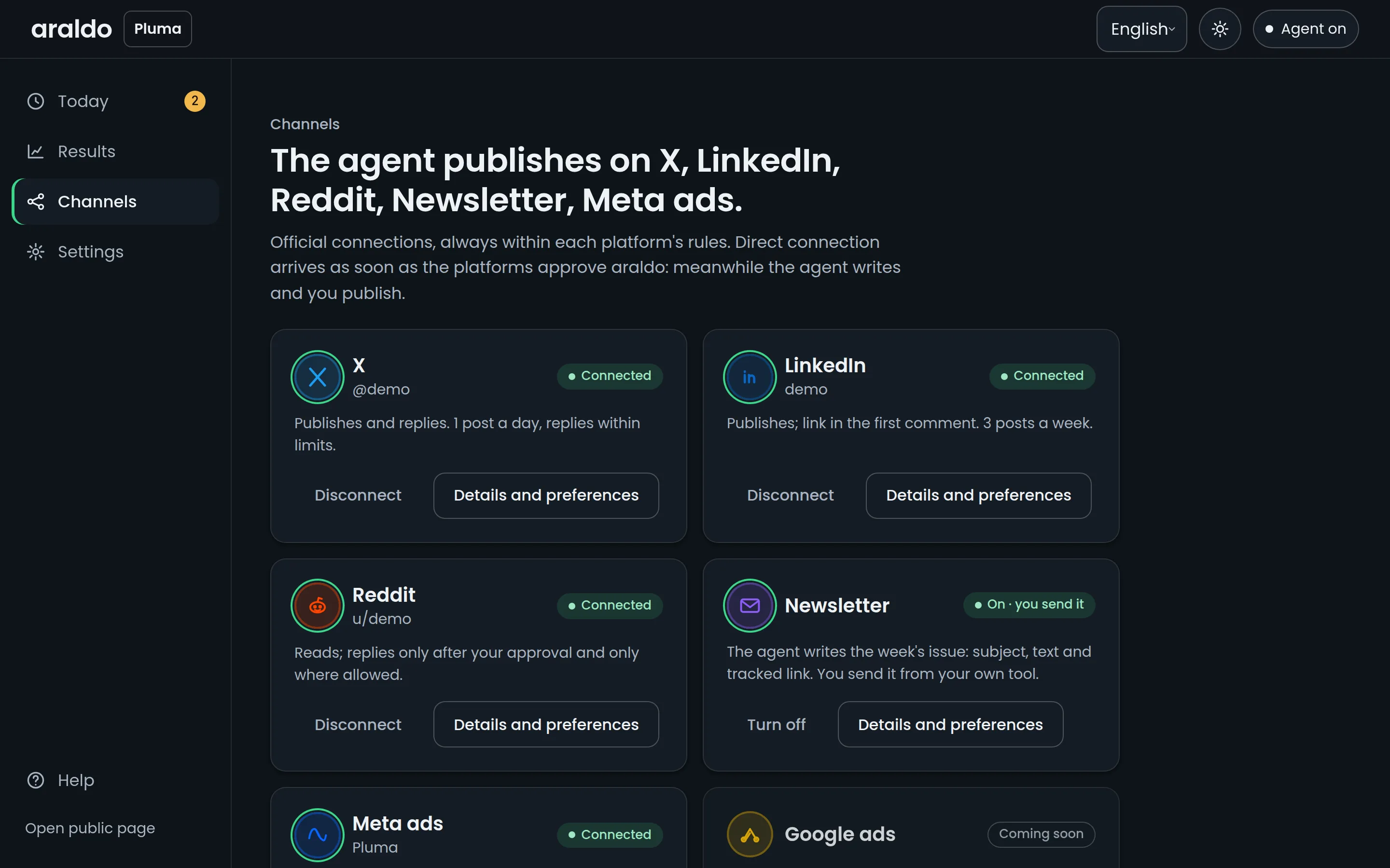 The Channels screen: each channel with its status
