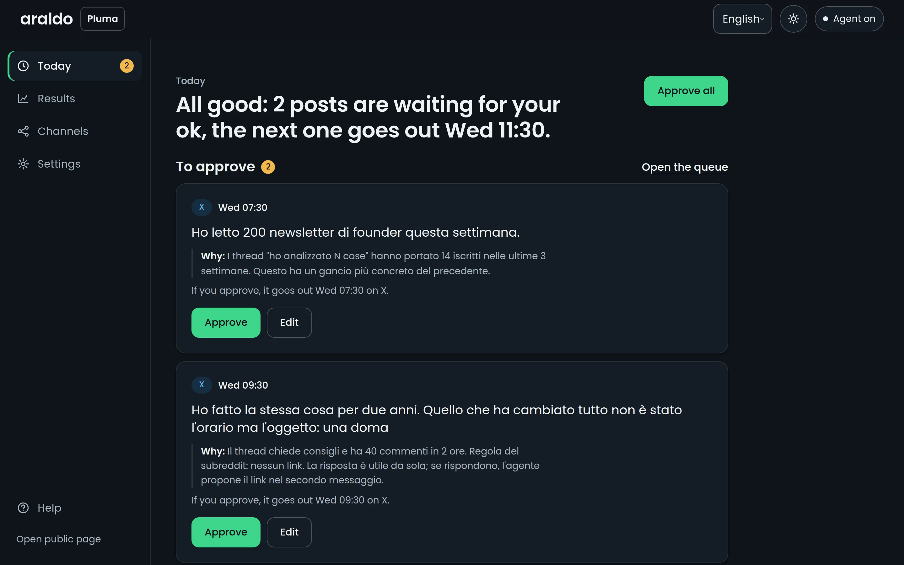 araldo's Today screen: posts waiting for approval and what goes out today