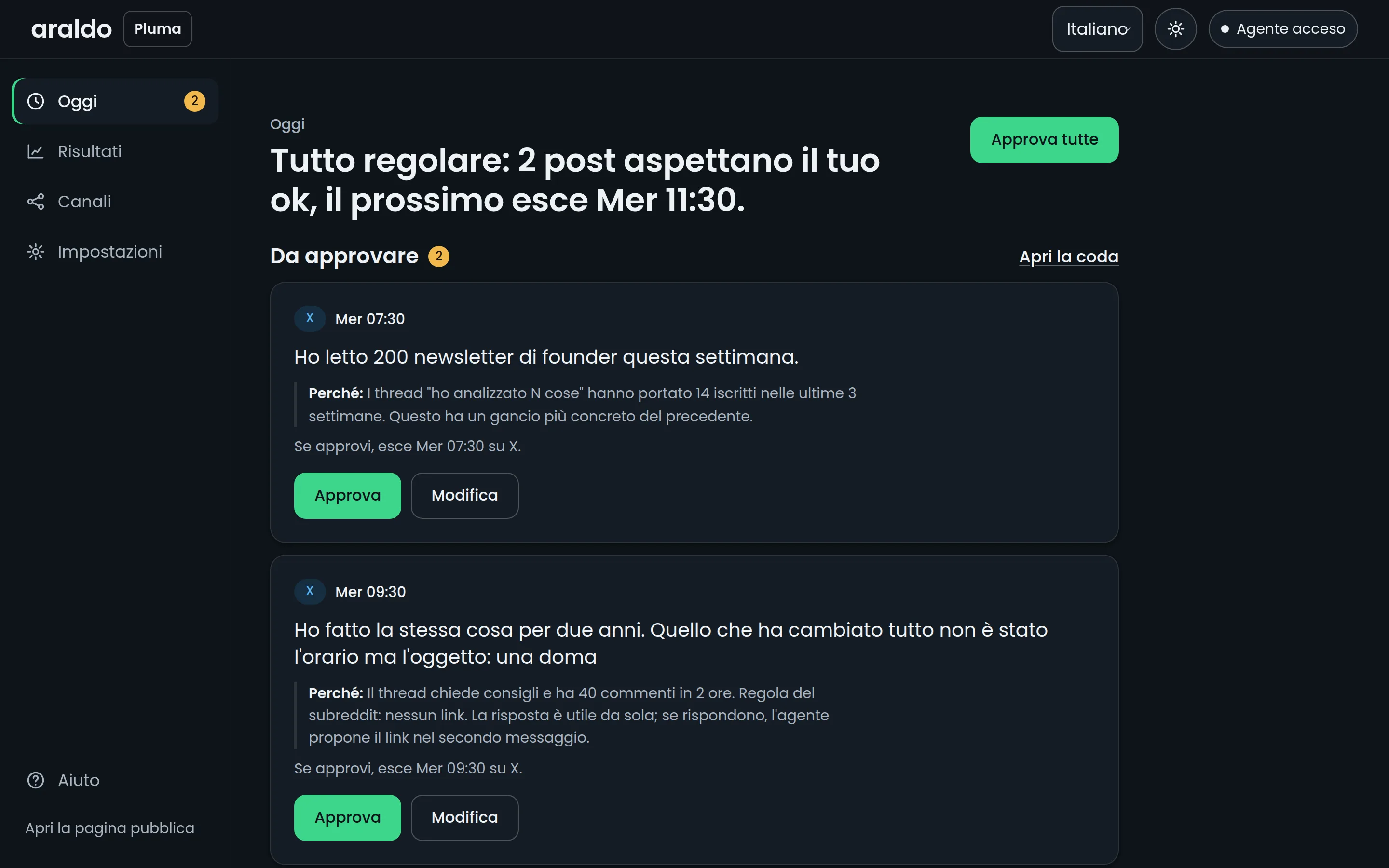 La schermata Oggi di araldo: i post da approvare e cosa esce oggi