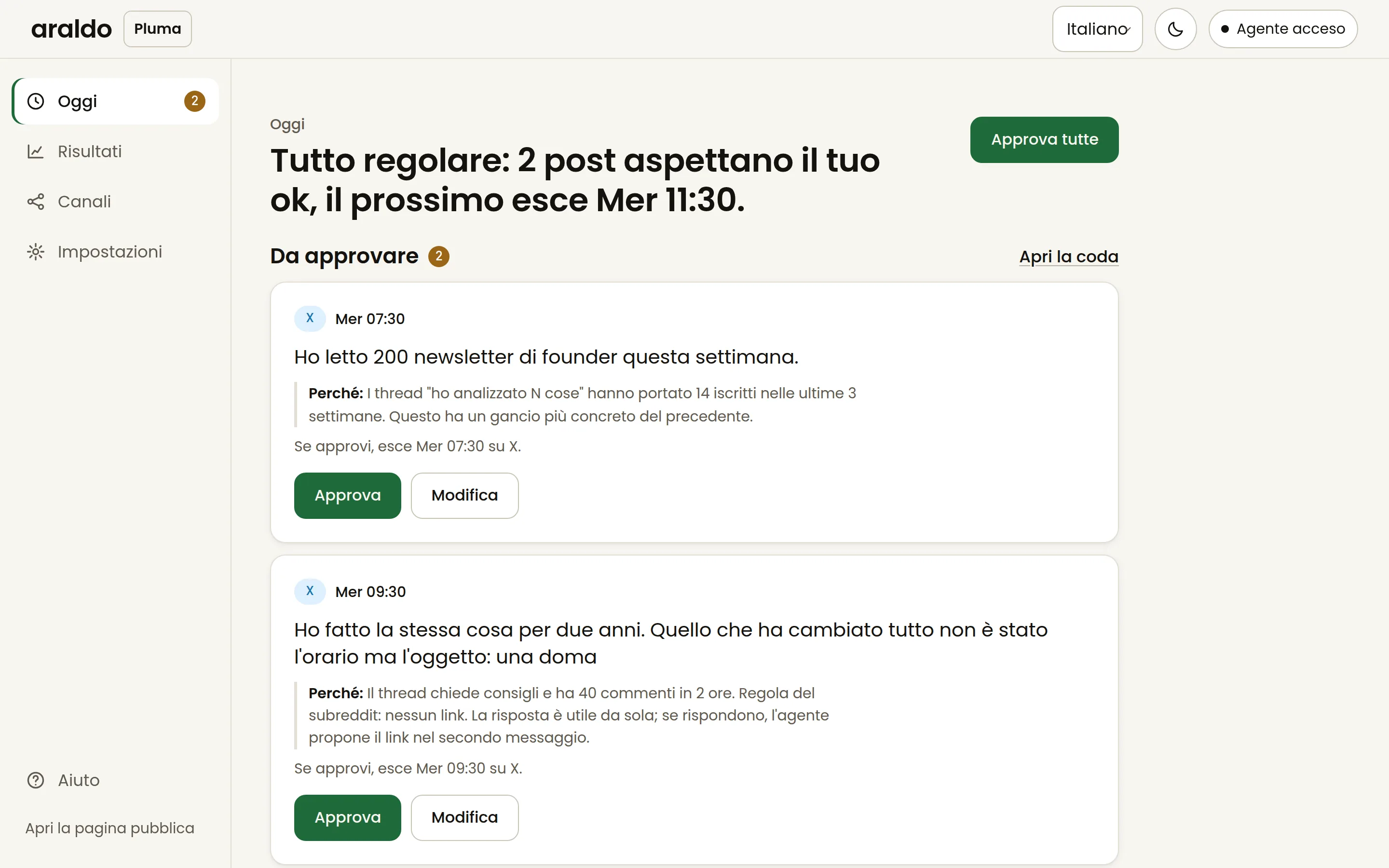 La schermata Oggi di araldo: i post da approvare e cosa esce oggi